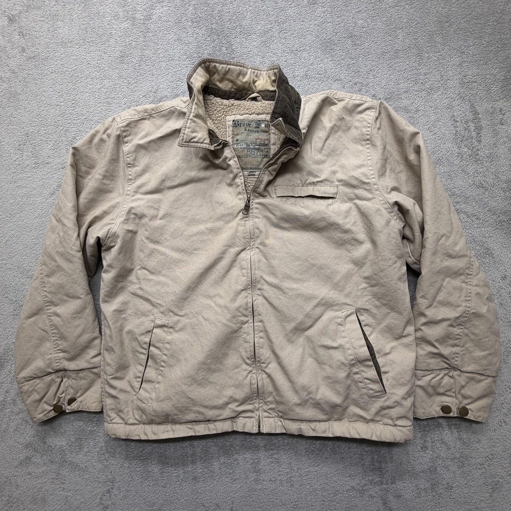 Brave Soul Jacket Men Extra Large Beige Sherpa Lined Corduroy Collar Zip Pockets